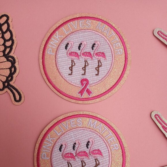 Breast Cancer Awareness Ribbon Iron-On, Sew-On 6 Piece Glitter Patches - Picture 5 of 7